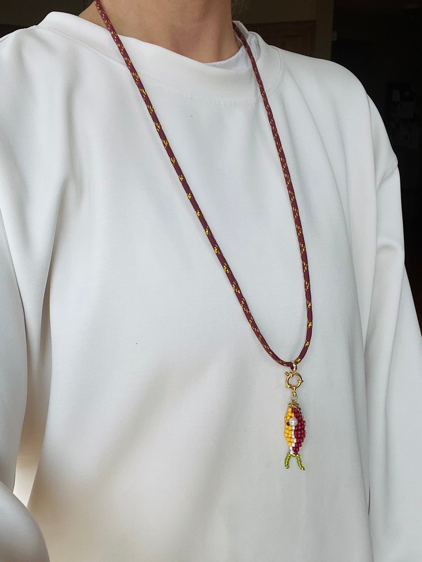 Cord necklace with beaded fish, multiple ways to wear #69