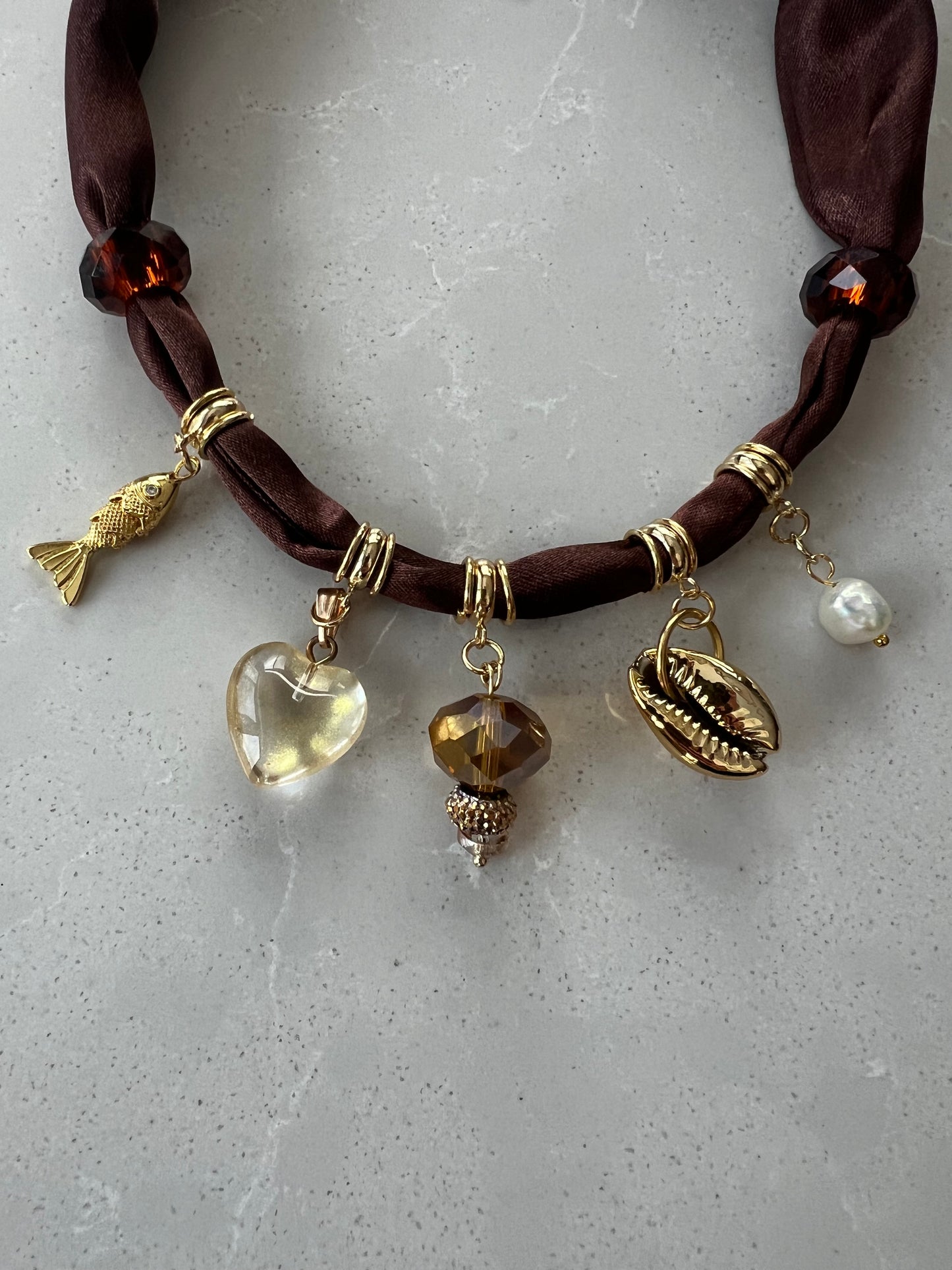 Scarf necklace with 5 charms and 2 glass beads #64