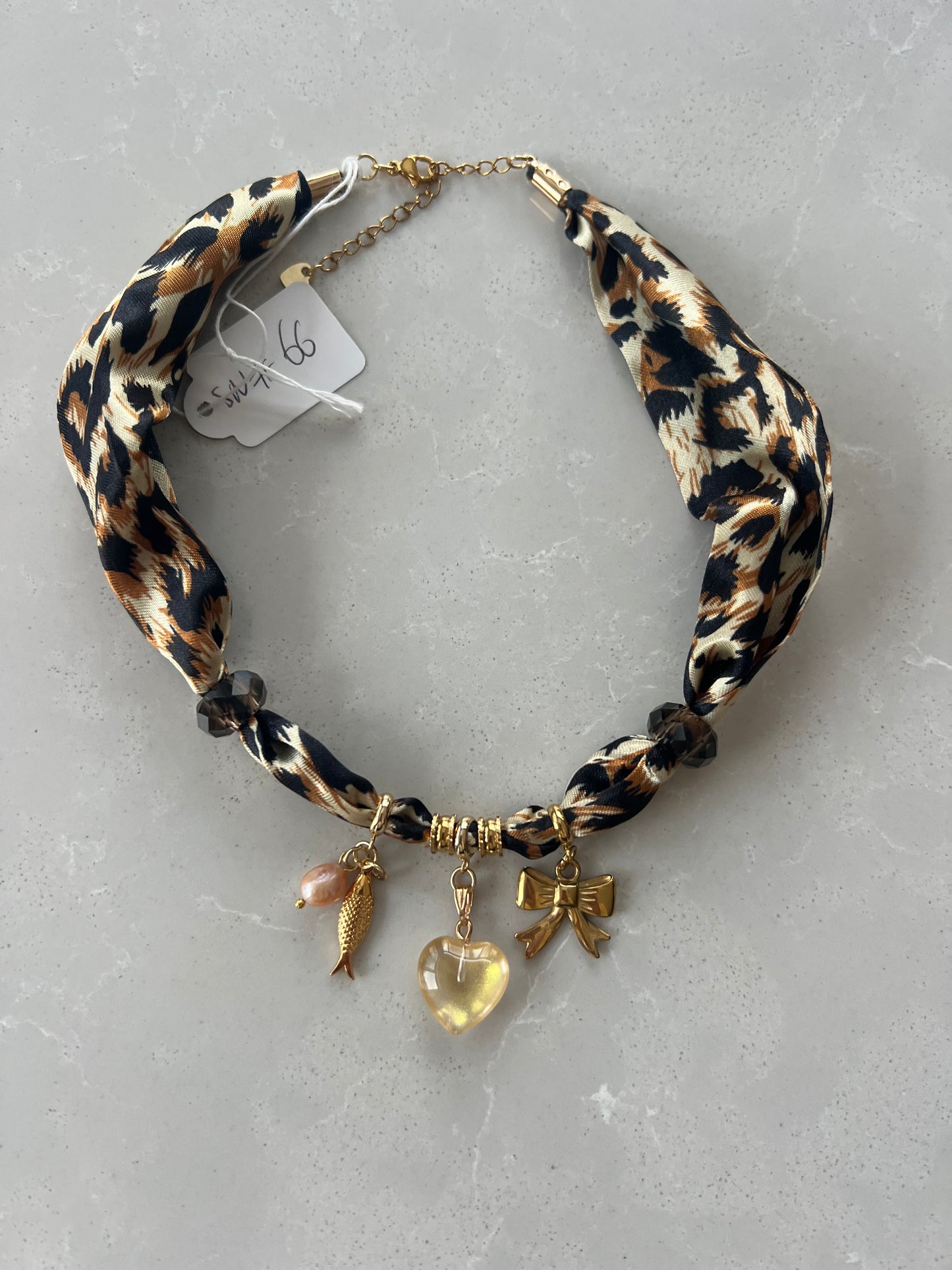 Scarf Necklace #66 (3 charms and 2 glass beads )