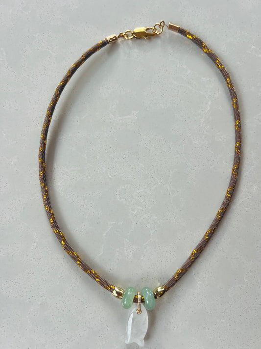 Short cord necklace with emerald Fish #114