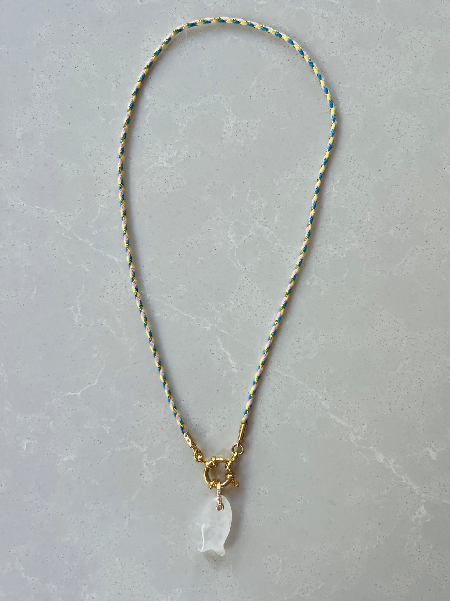 Thin cord necklace with emerald Fish charm #102