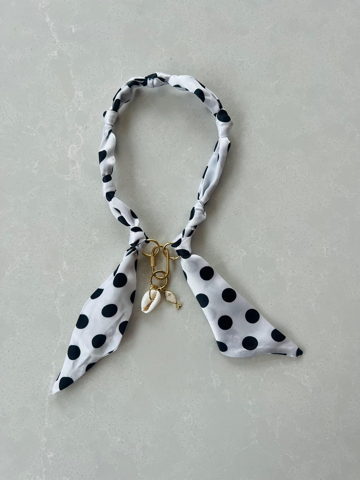 Scarf necklace with a front tie closure and removable charms #81
