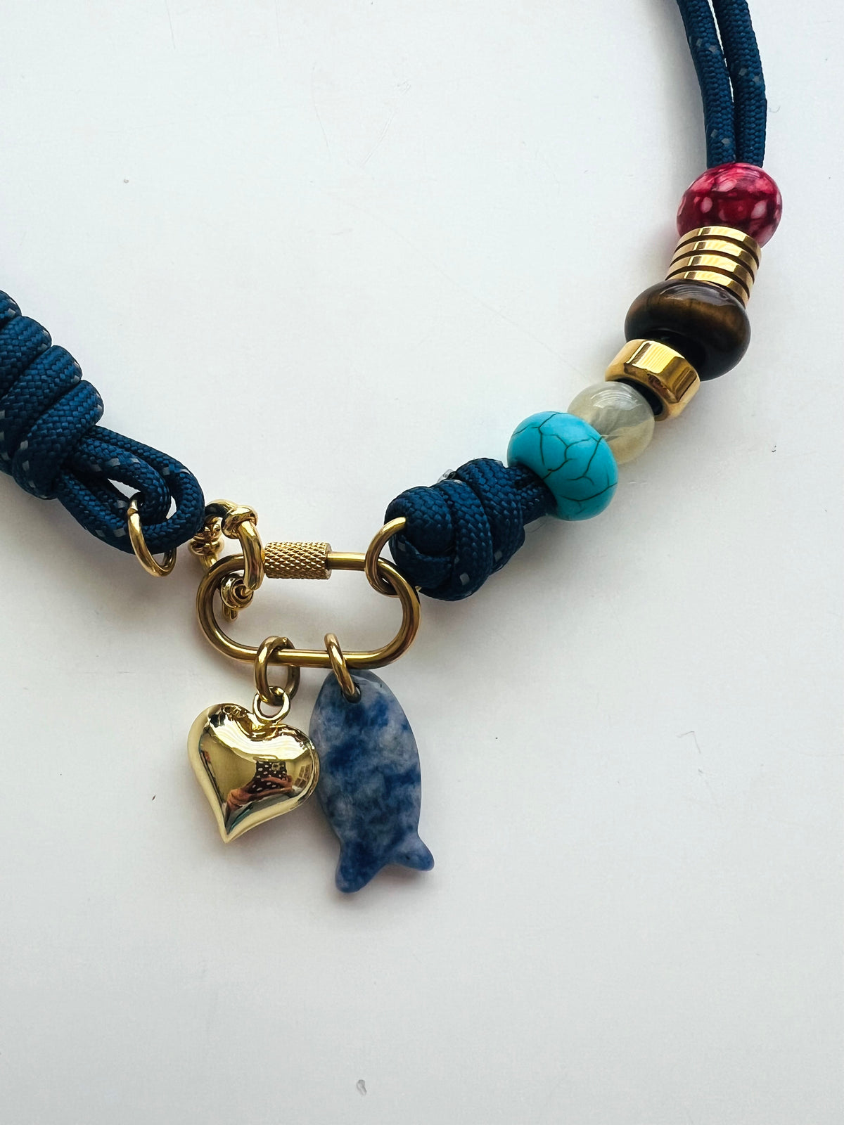 Asymmetric navy blue cord necklace with slider beads # 124