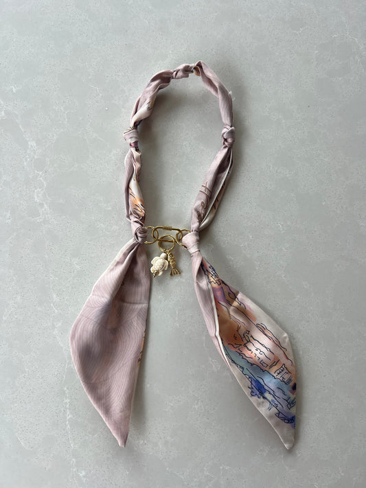 Scarf necklace with a front tie closure and removable charms #76