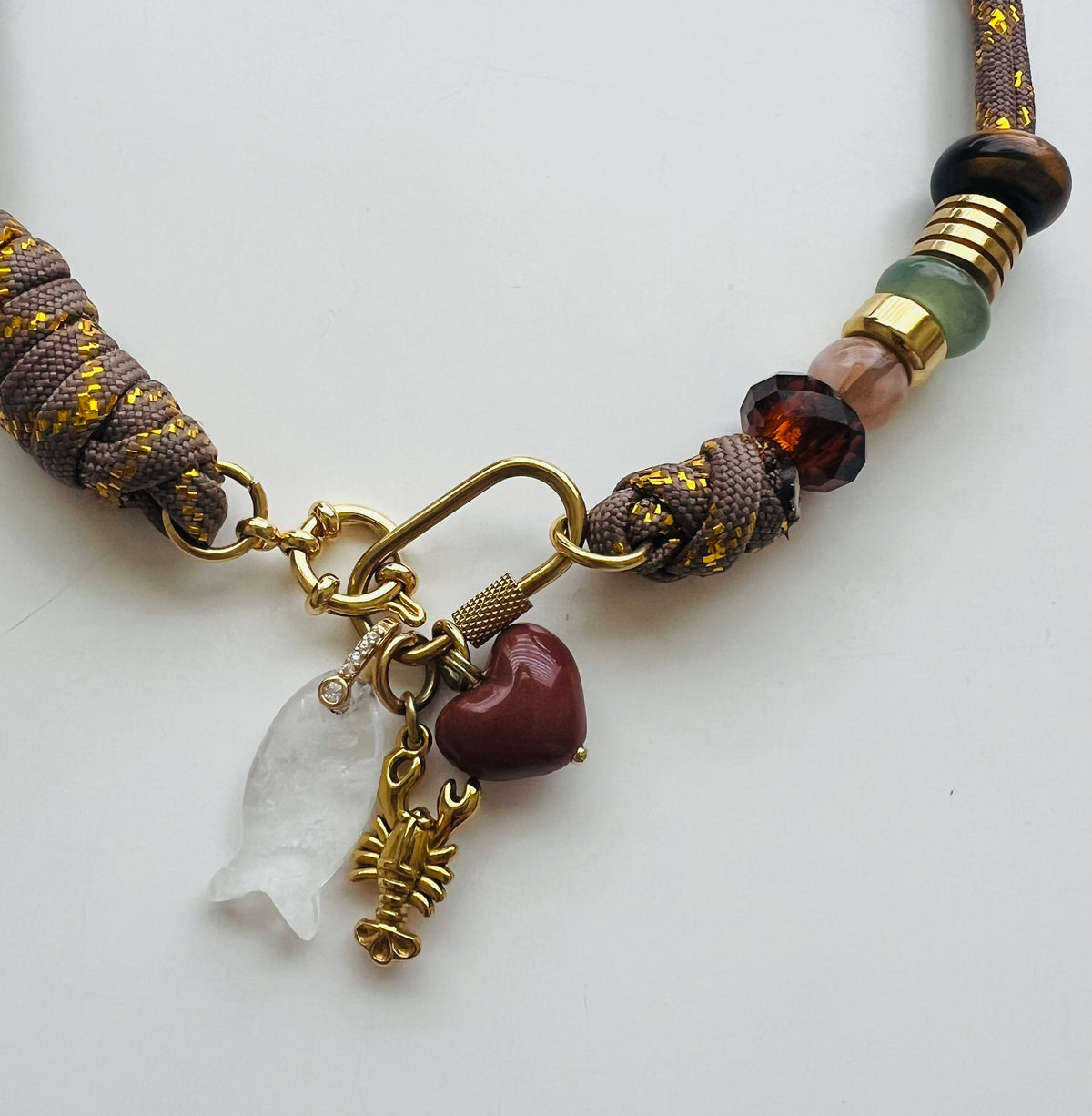 Asymmetric brown & gold cord necklace with slider beads
#127
