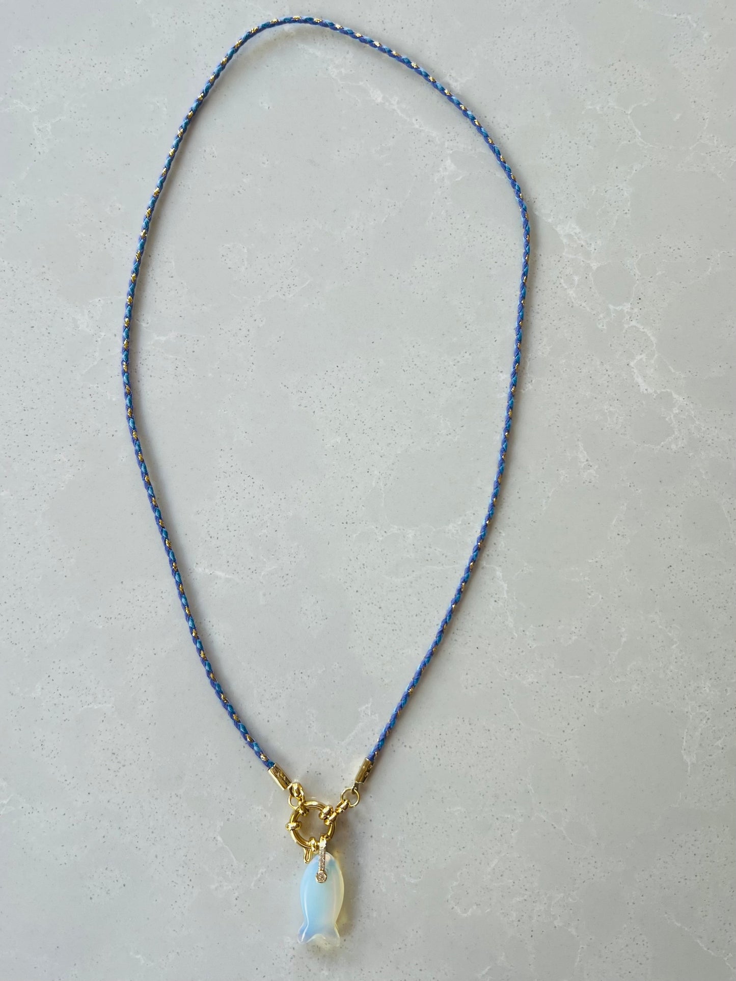 Thin cord necklace with emerald Fish charm #100