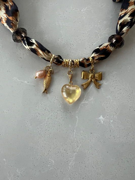 Scarf Necklace #66 (3 charms and 2 glass beads )