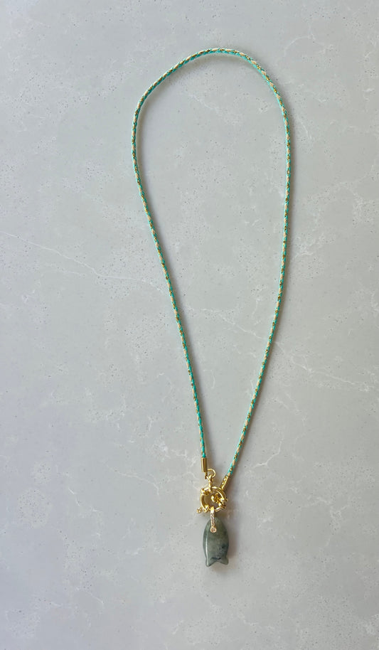 Thin cord necklace with emerald Fish charm #105