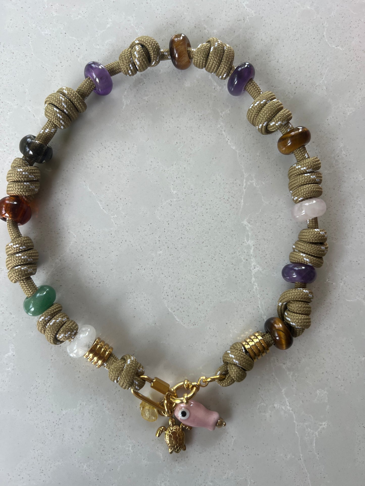 Multi knotted cord necklace with glass beads and charms #107