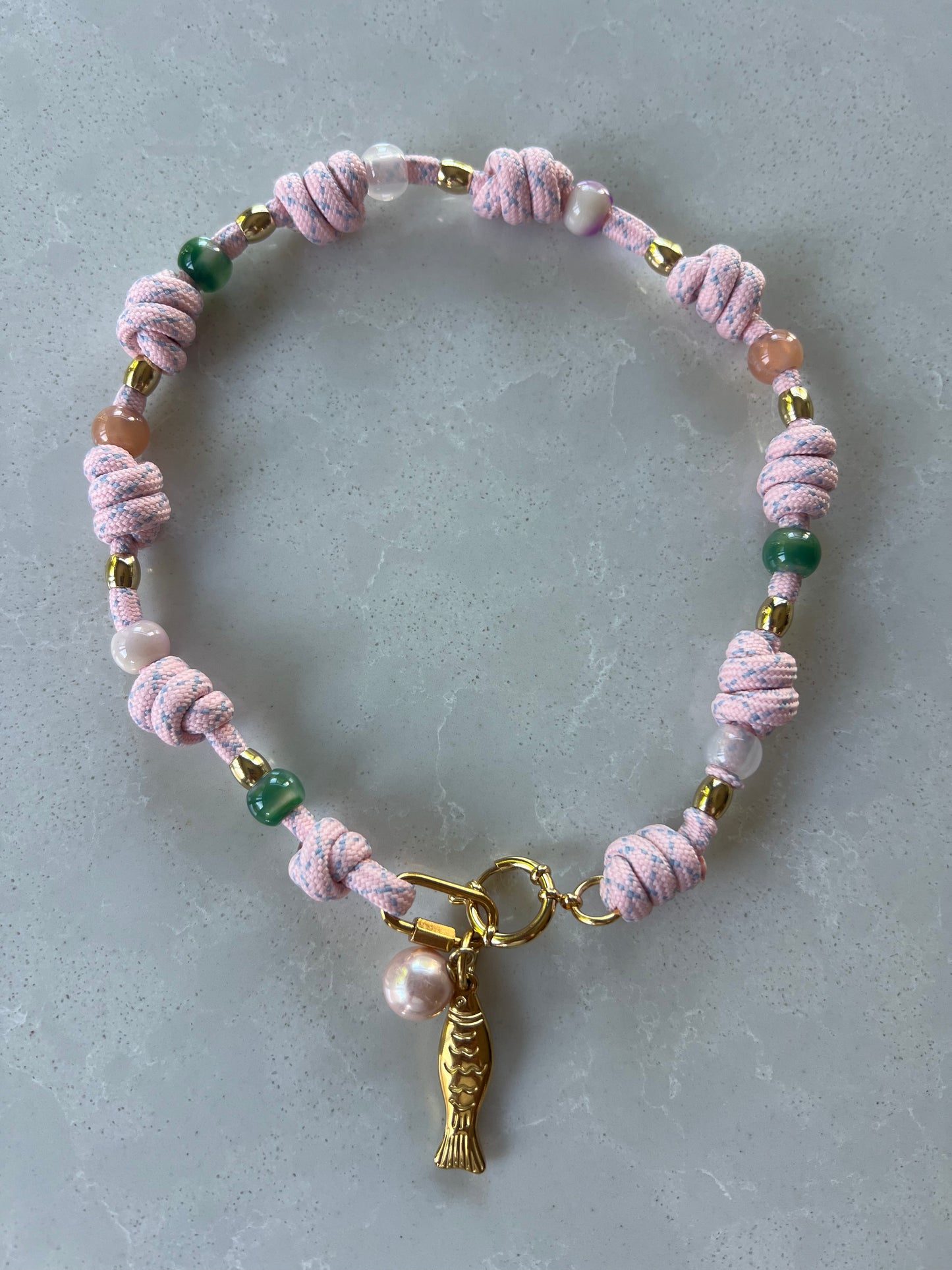 Multi knotted cord necklace with beads and fish charm# 109