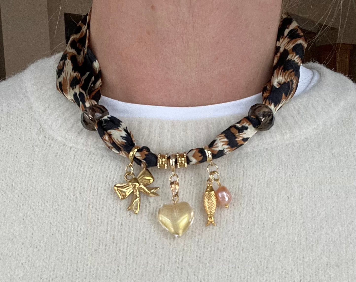 Scarf Necklace #66 (3 charms and 2 glass beads )