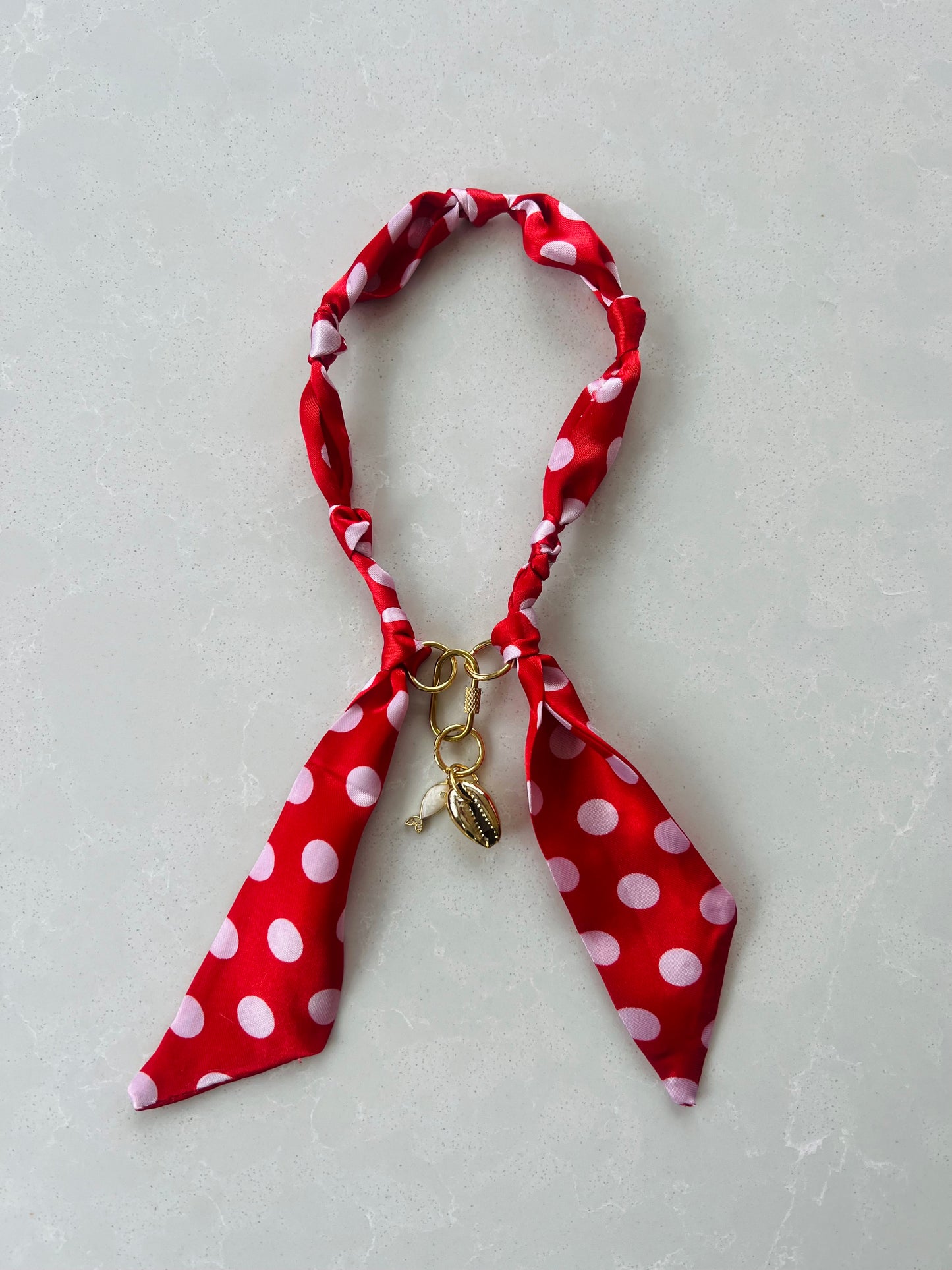 Scarf necklace with a front tie closure and removable charms #83