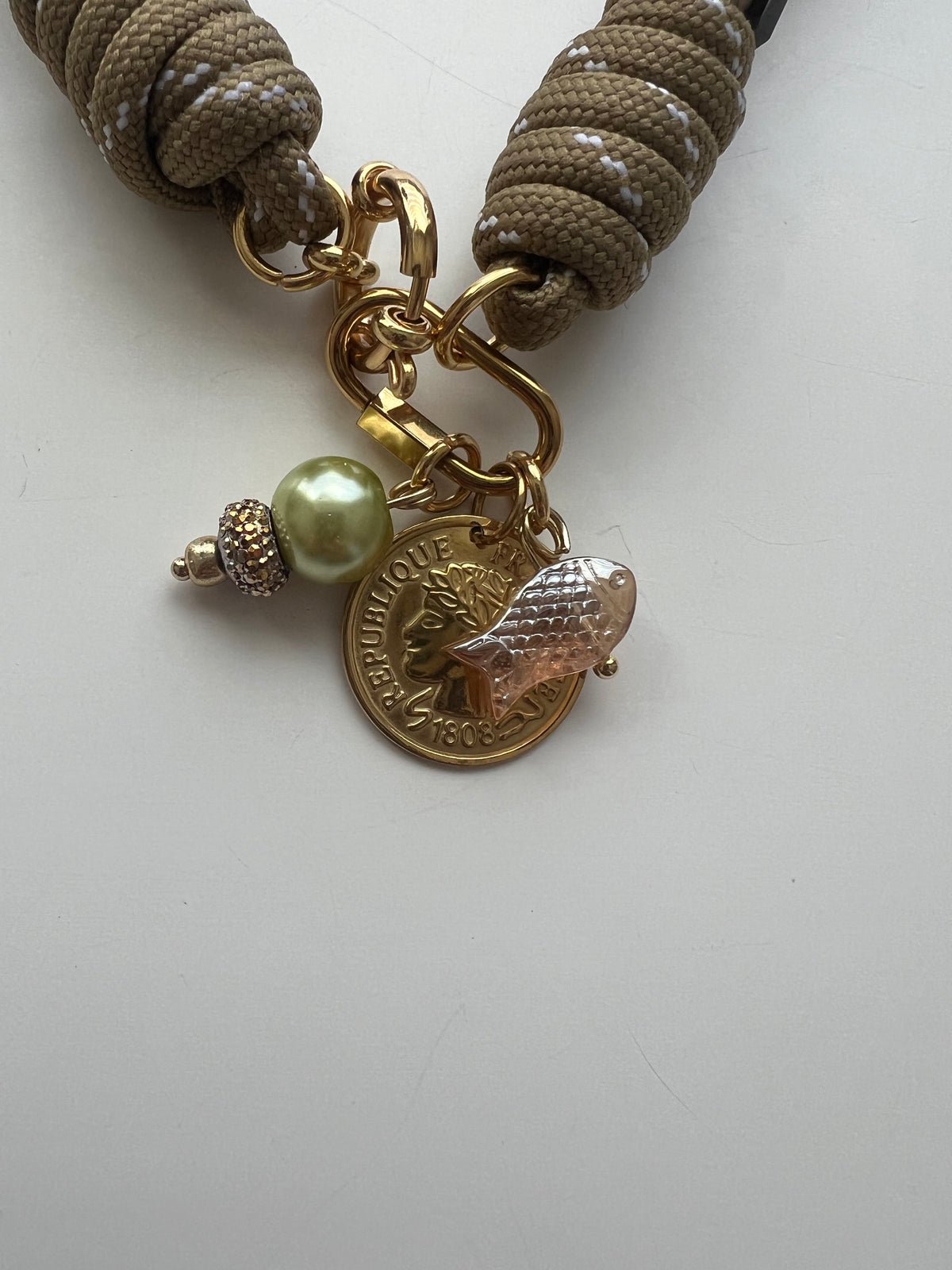 Asymmetric beige cord necklace with slider beads 
#128