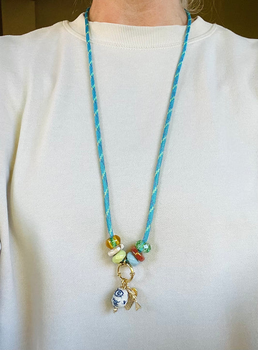 Cord necklace with ceramic beads and charms #09