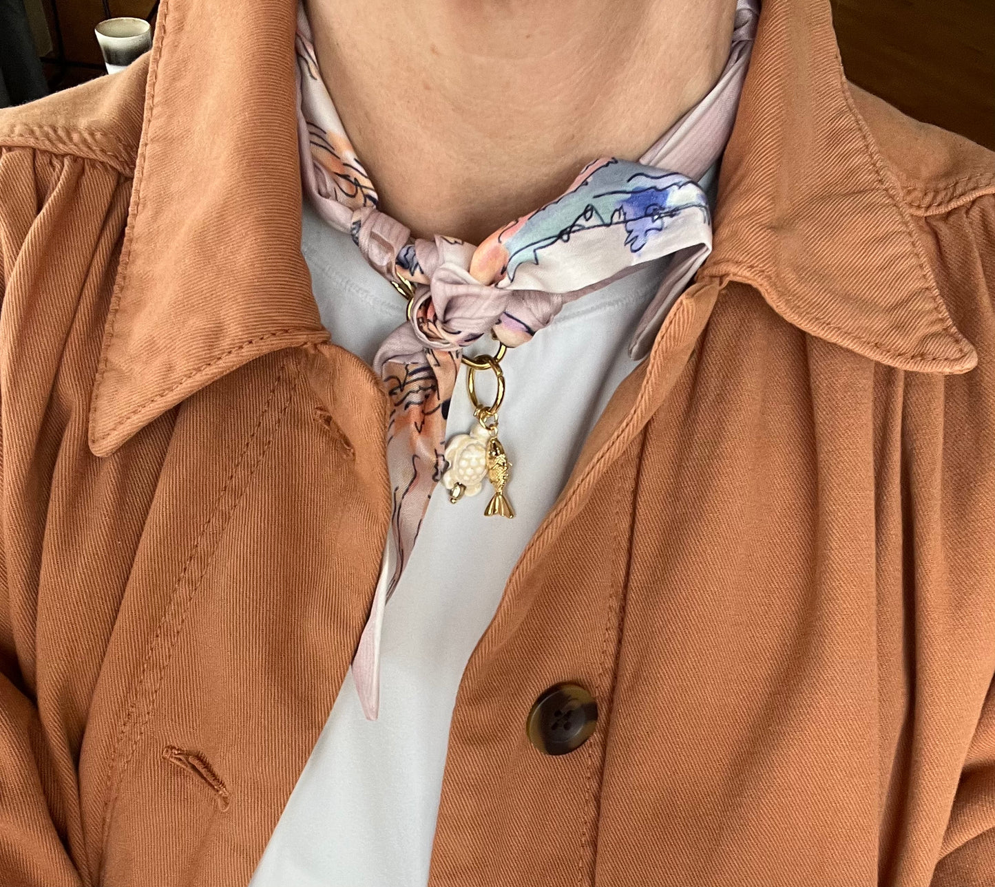 Scarf necklace with a front tie closure and removable charms #76