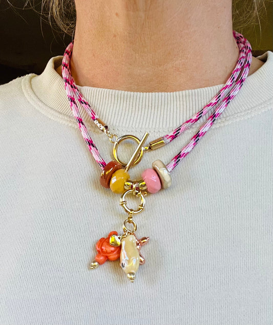 Cord necklace with ceramic beads and charms #10