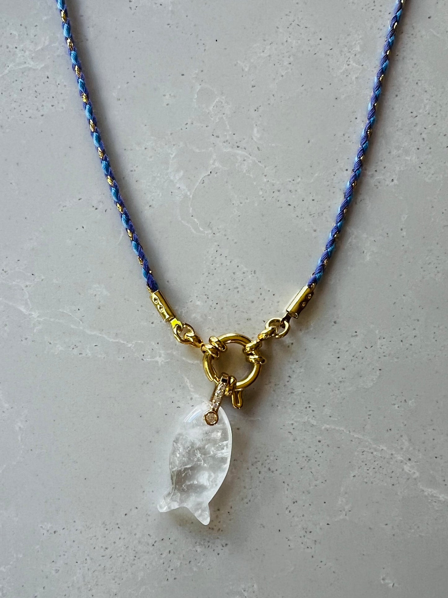 Thin cord necklace with emerald Fish charm #103