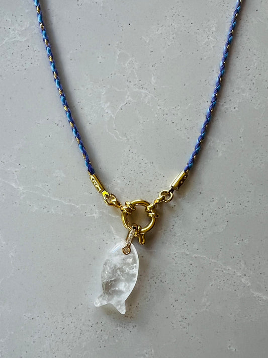 Thin cord necklace with emerald Fish charm #103