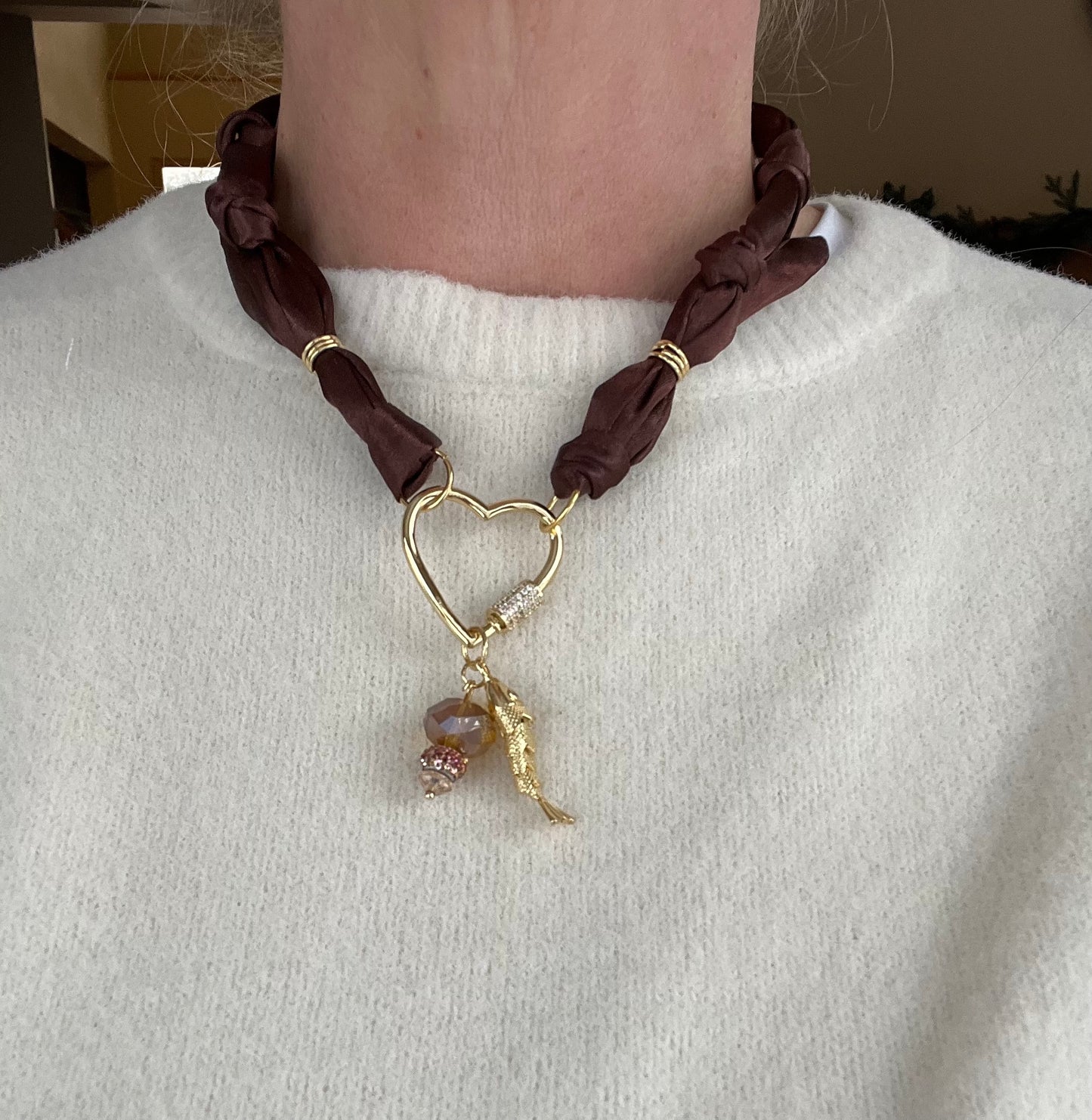 scarf Necklace with sparkling heart closure #44