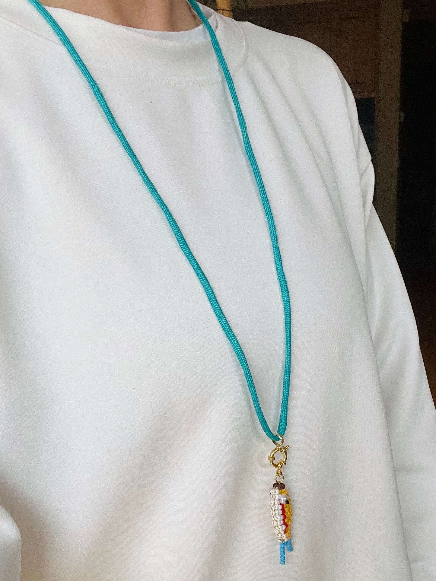 Cord necklace with beaded fish, multiple ways to wear #68