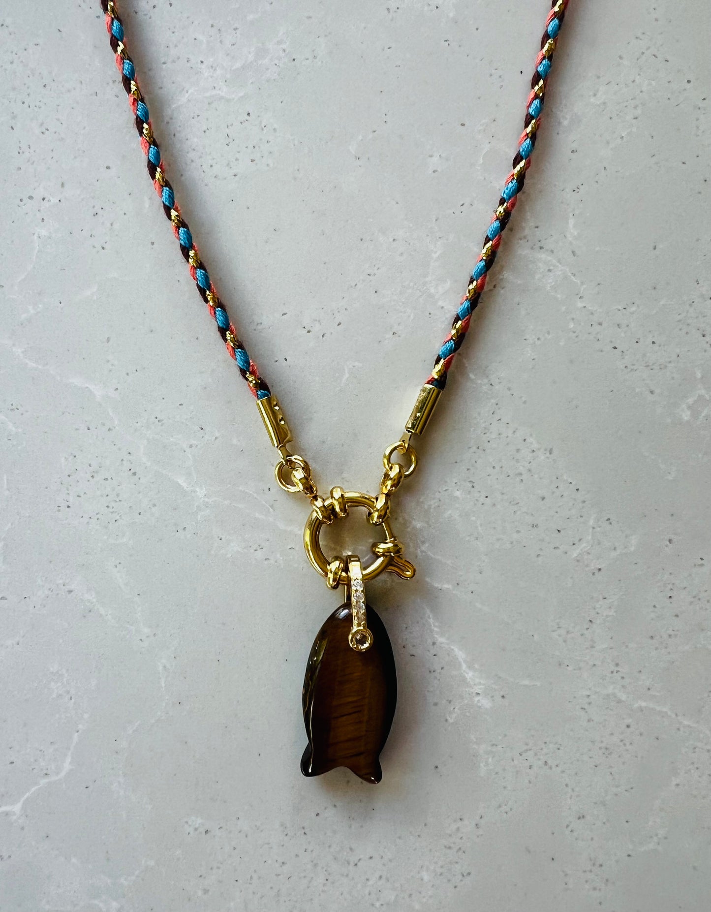 Thin cord necklace with emerald Fish charm #104