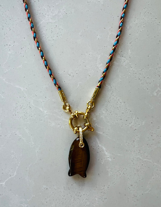Thin cord necklace with emerald Fish charm #104