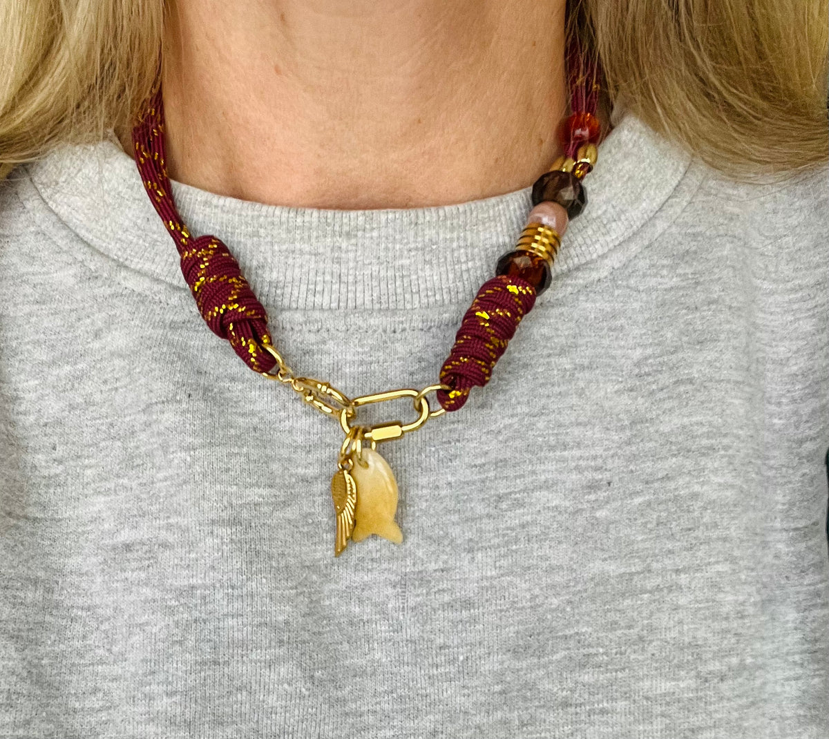 Asymmetric burgundy & gold cord necklace with slider beads # 126