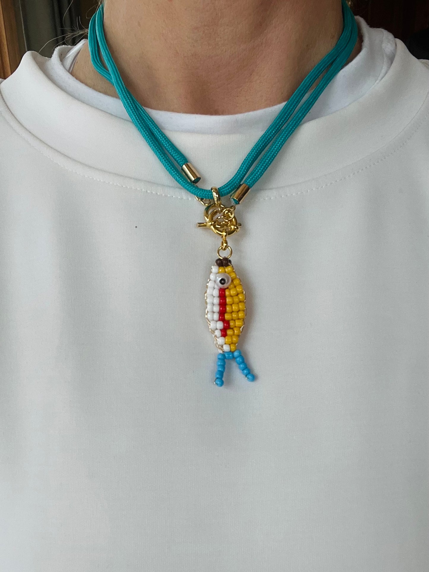 Cord necklace with beaded fish, multiple ways to wear #68
