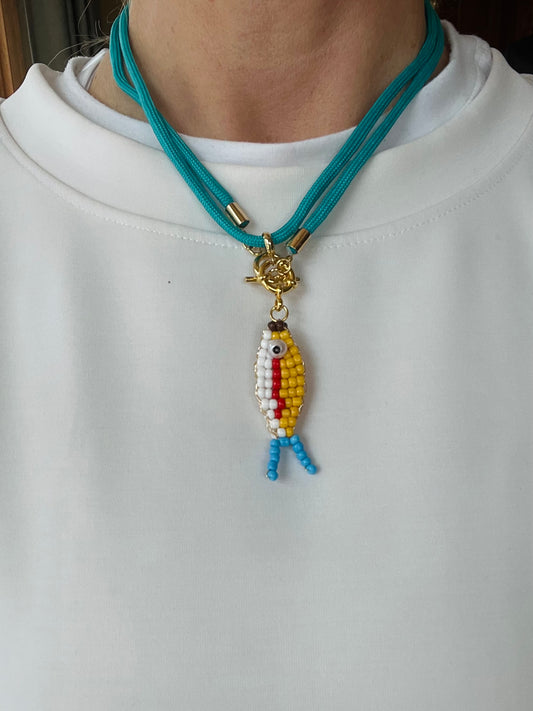Cord necklace with beaded fish, multiple ways to wear #68