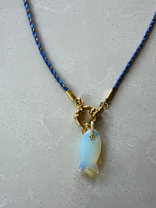 Thin cord necklace with emerald Fish charm #100