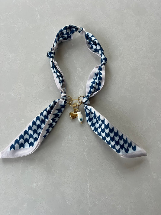 Scarf necklace with a front tie closure and removable charms #69