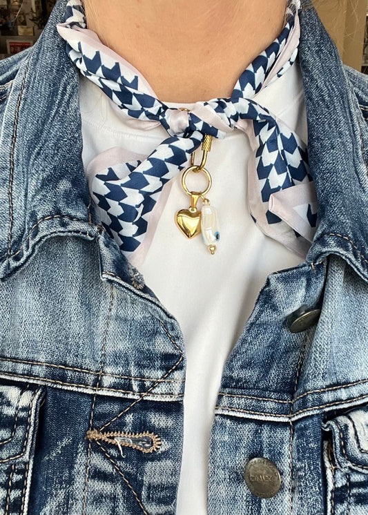 Scarf necklace with a front tie closure and removable charms #69
