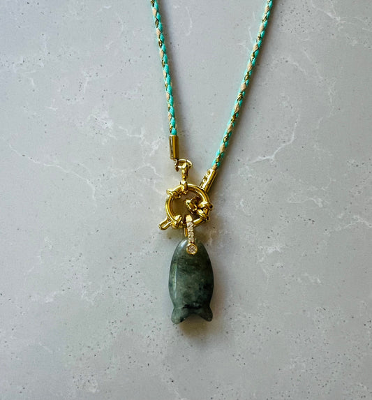 Thin cord necklace with emerald Fish charm #105