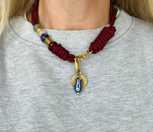 Asymmetric burgundy cord necklace with slider beads 
#129