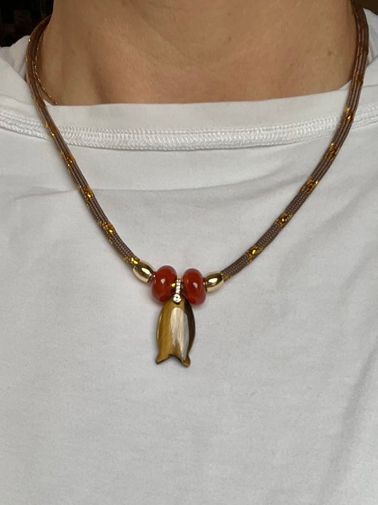 Short cord necklace with emerald Fish #113