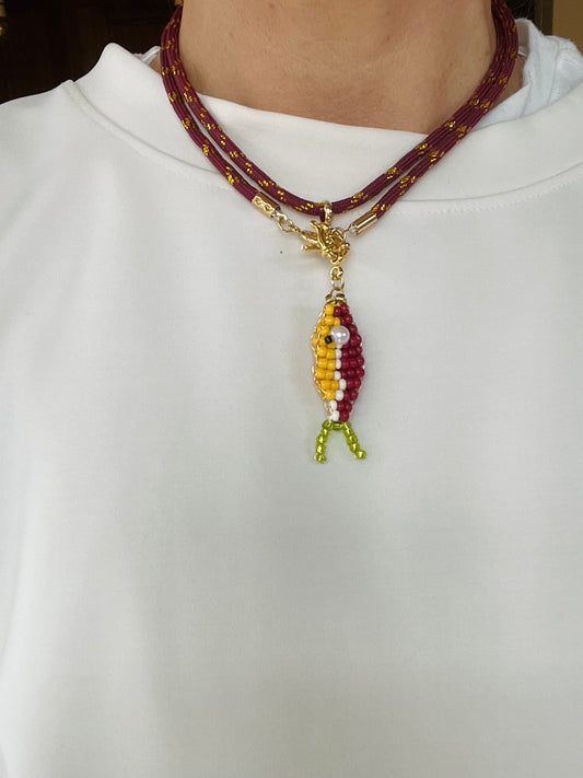 Cord necklace with beaded fish, multiple ways to wear #69