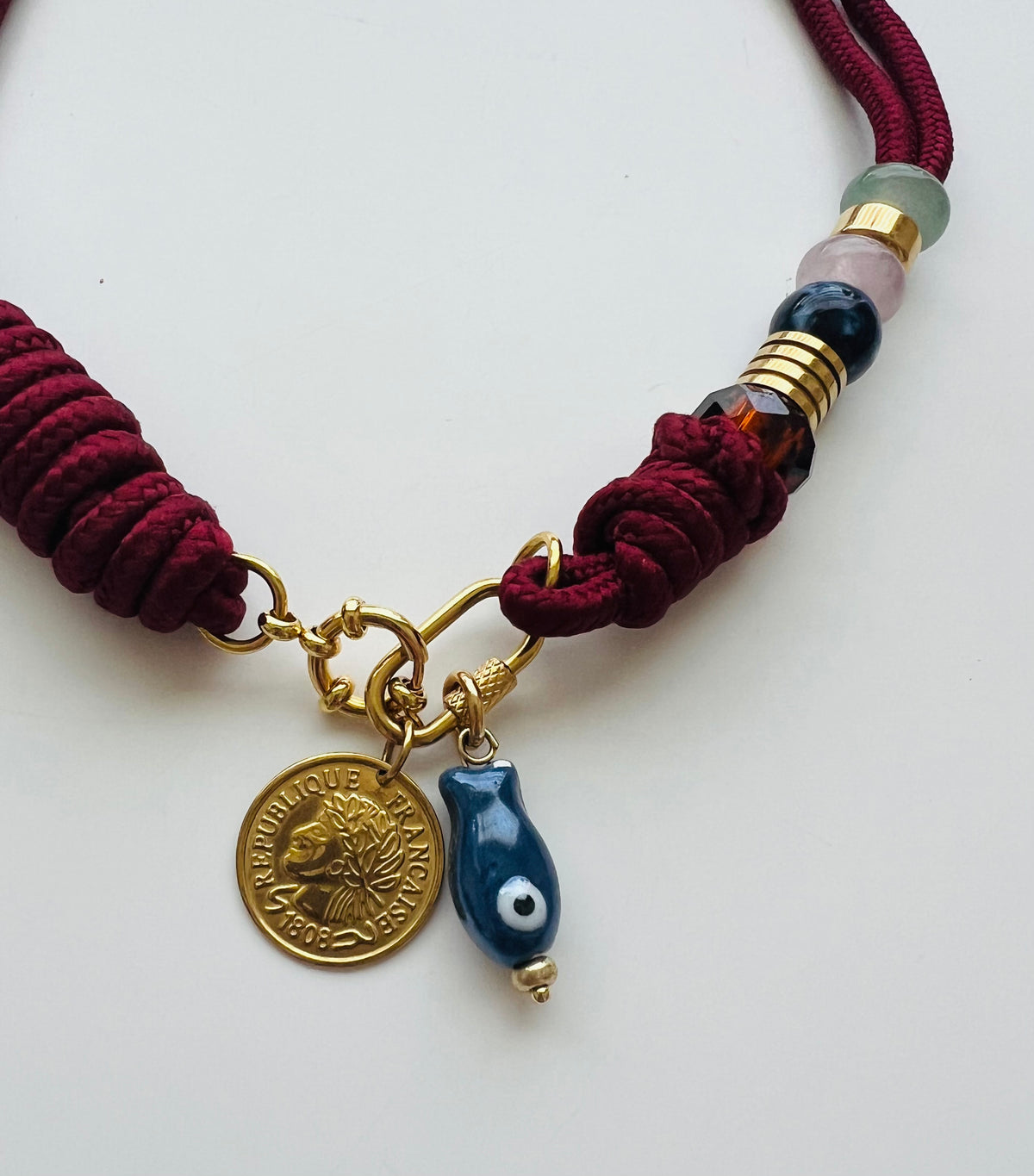 Asymmetric burgundy cord necklace with slider beads 
#129