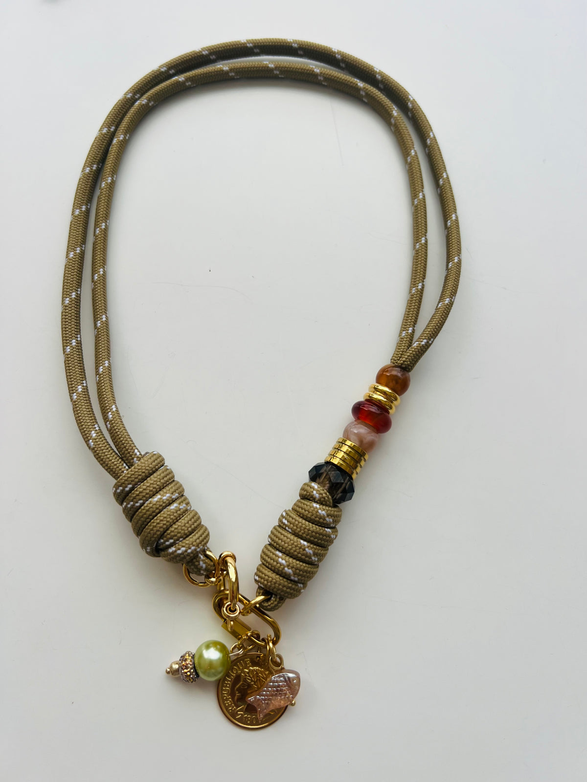 Asymmetric beige cord necklace with slider beads 
#128