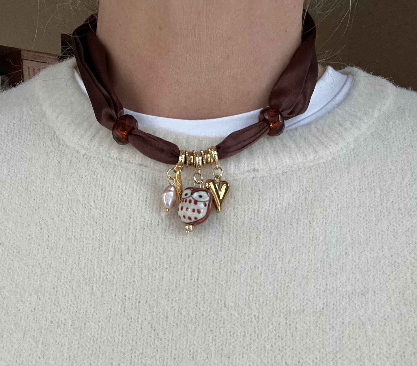 Scarf Necklace #65 (3 charms and 2 glass beads)