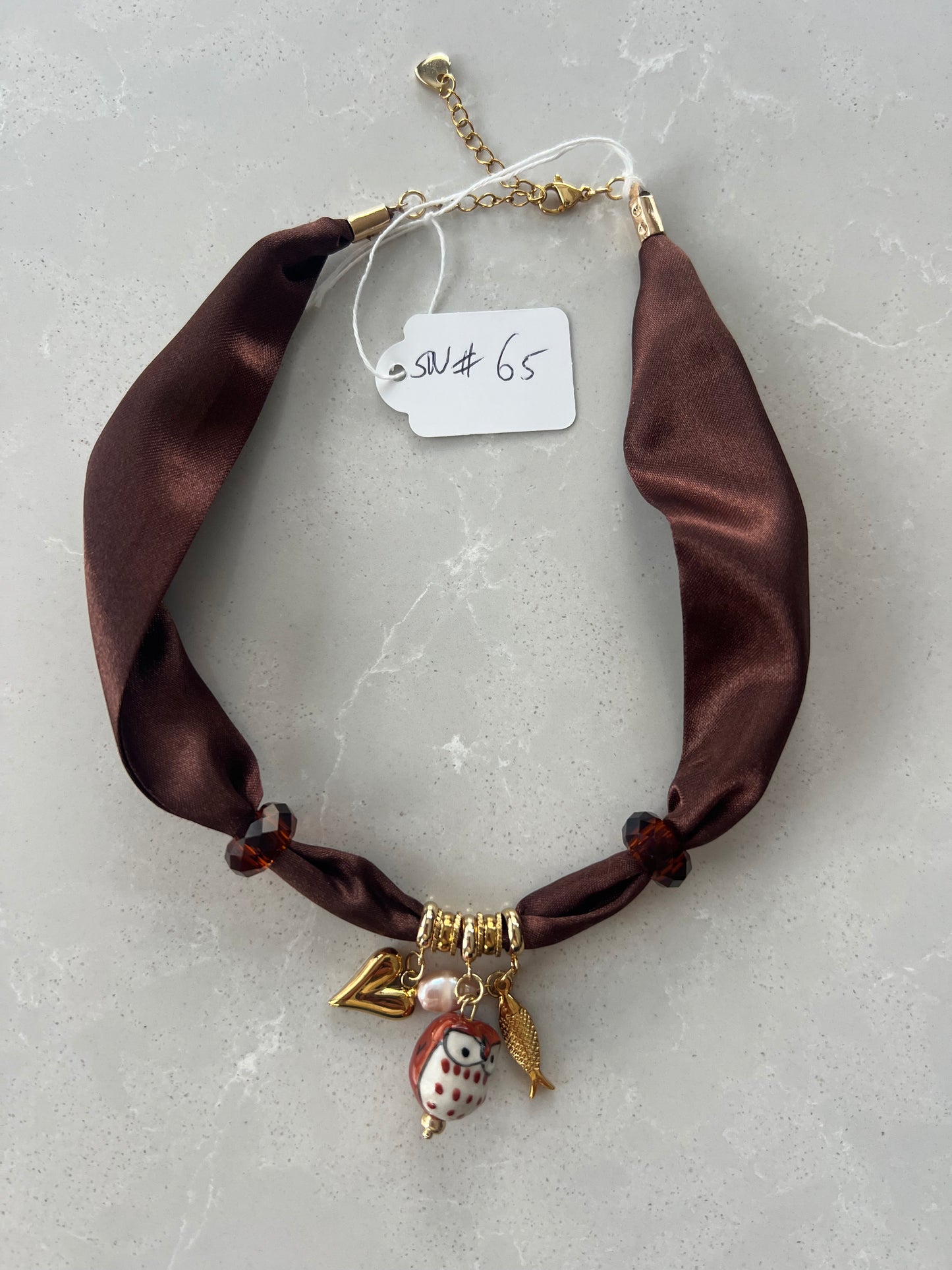 Scarf Necklace #65 (3 charms and 2 glass beads)