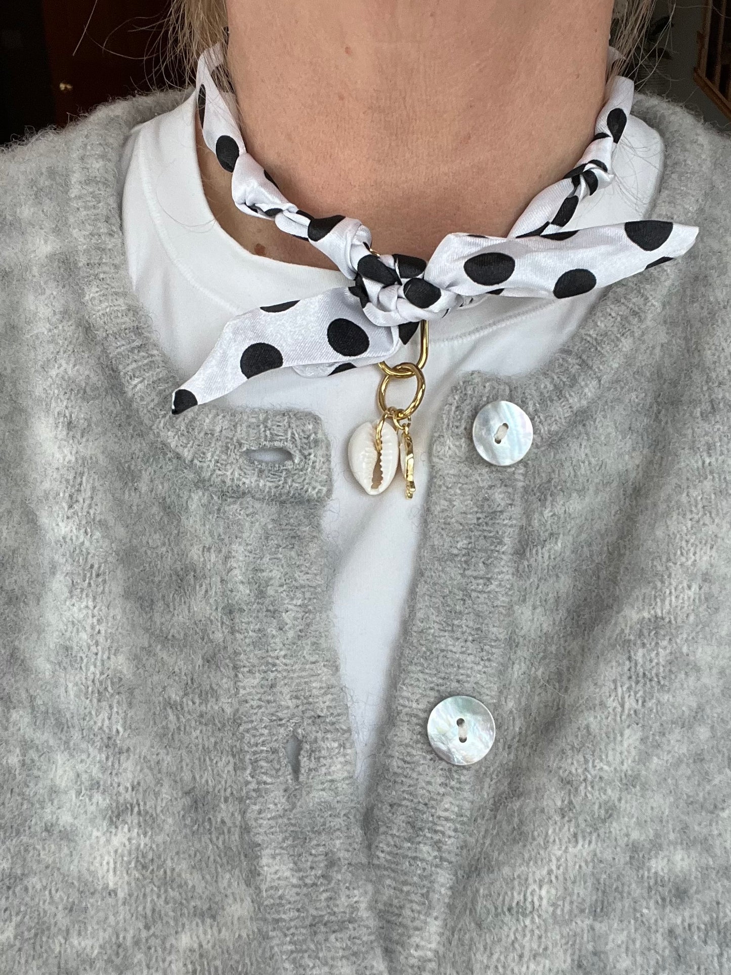 Scarf necklace with a front tie closure and removable charms #81