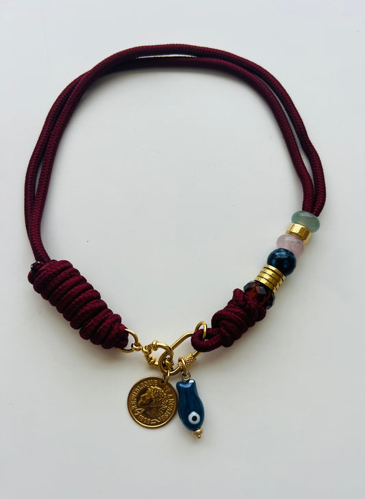 Asymmetric burgundy cord necklace with slider beads 
#129