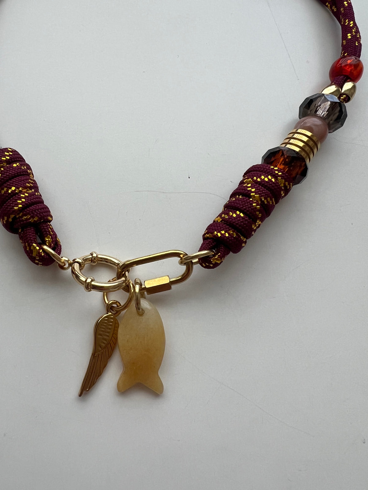 Asymmetric burgundy & gold cord necklace with slider beads # 126