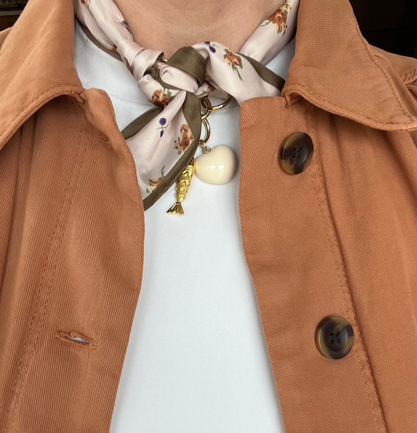 Scarf necklace with a front tie closure and removable charms #77