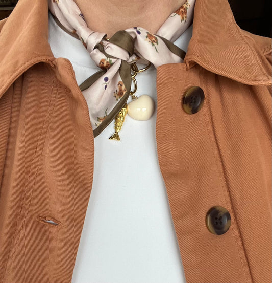 Scarf necklace with a front tie closure and removable charms #77