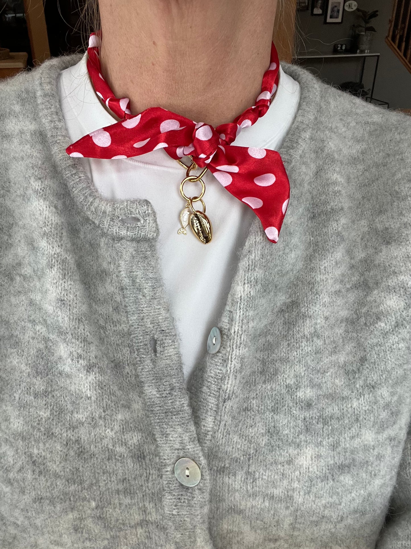 Scarf necklace with a front tie closure and removable charms #83