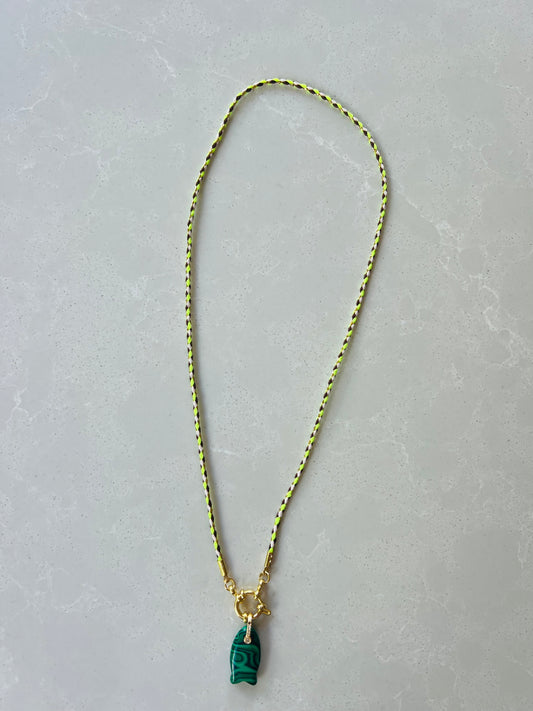 Thin cord necklace with emerald Fish charm #101
