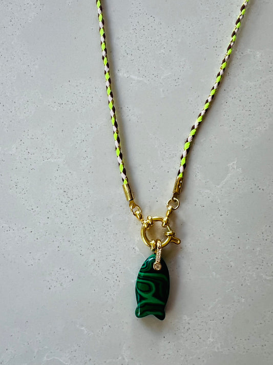 Thin cord necklace with emerald Fish charm #101