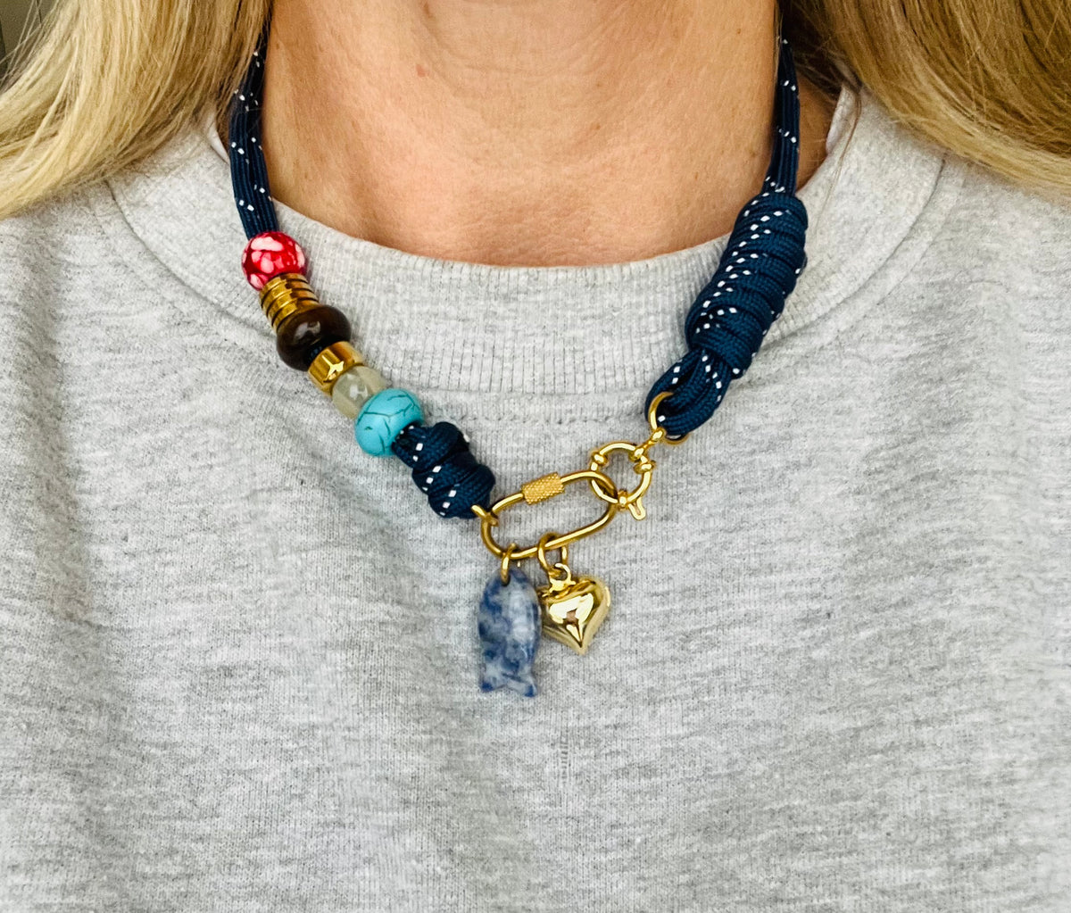 Asymmetric navy blue cord necklace with slider beads # 124