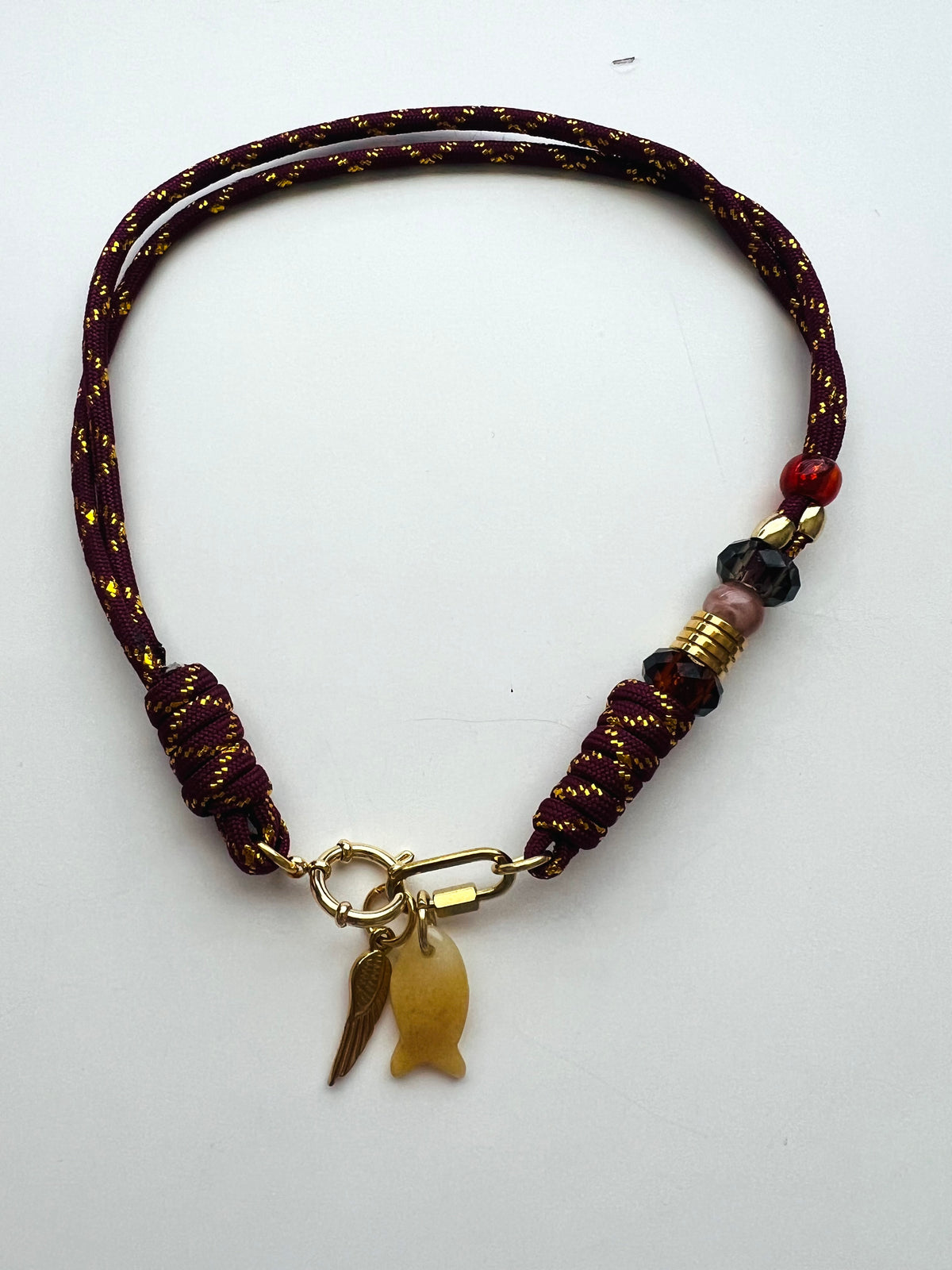 Asymmetric burgundy & gold cord necklace with slider beads # 126